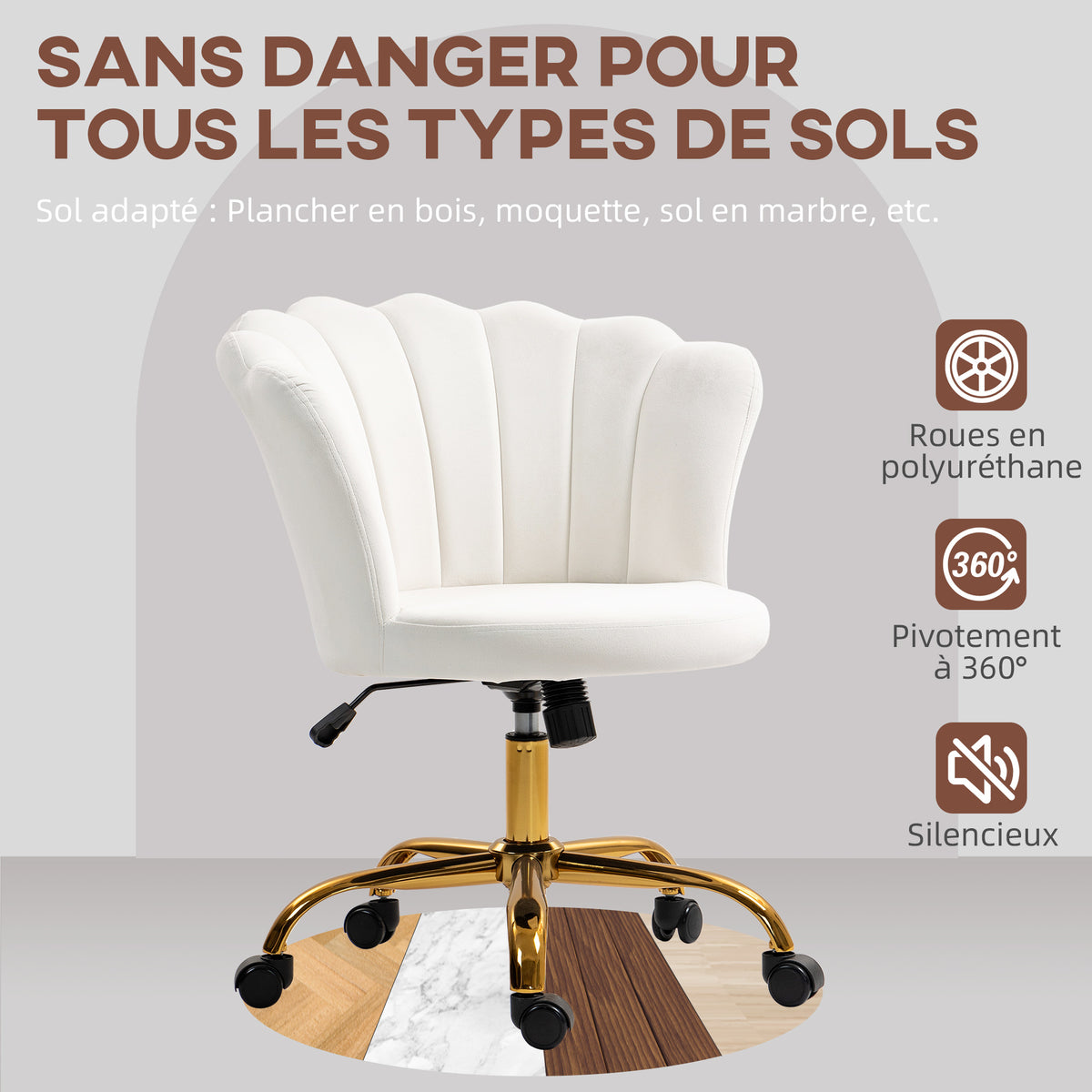 Chaise bureau en velours, chaise coiffeuse avec dossier en pétale, hauteur réglable, 69 x 64 x 80-90 cm, blanc-6