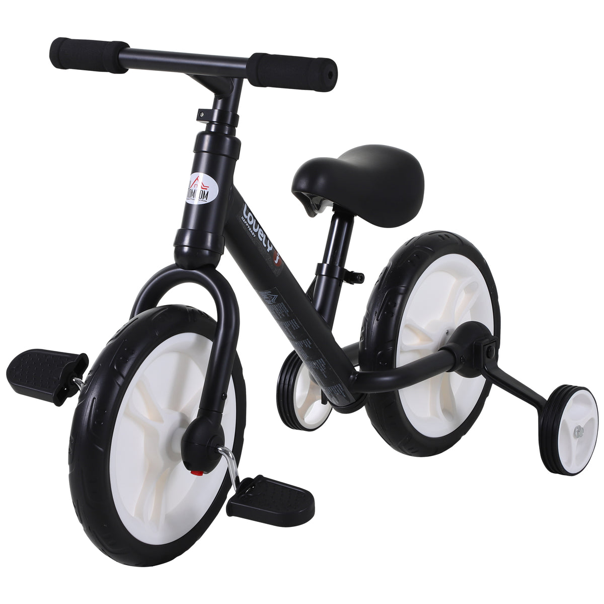 Bicicletta bambini 2 in 1 con pedali e rotelle rimovibili, 2–5 anni, nera