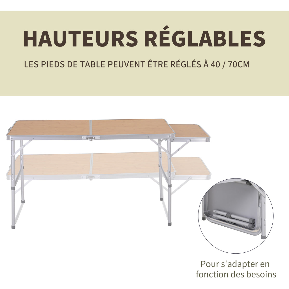 Table Pliante Table de Camping Table de Jardin avec rallonge Hauteur réglable Aluminium MDF Imitation Bambou-5