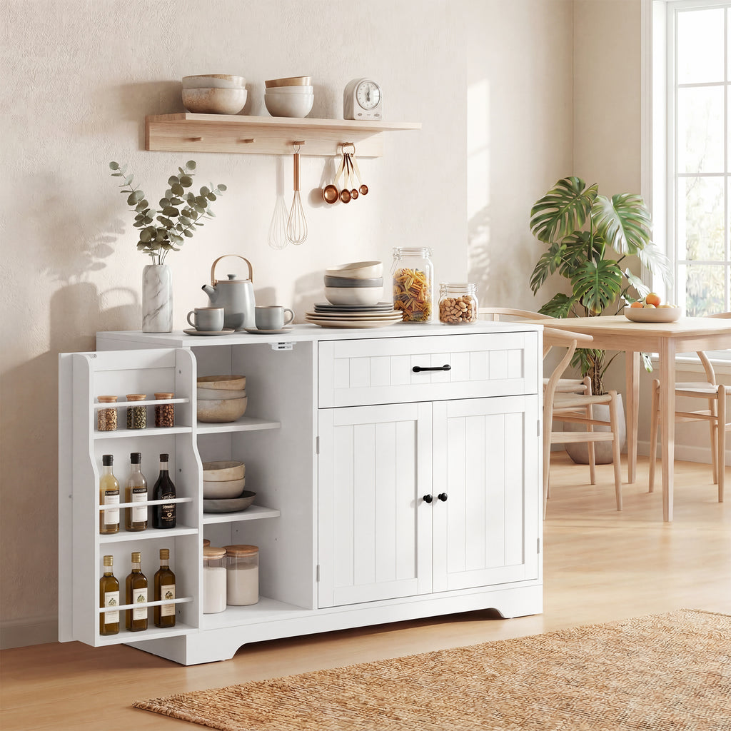Buffet cuisine, meuble de rangement avec tiroir, 3 portes à fermeture douce, racks-porte et étagères réglables, blanc-1