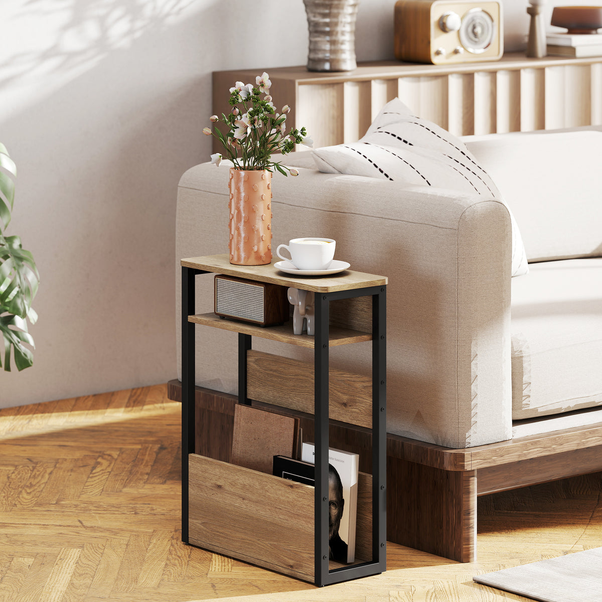 Table d'appoint table de chevet avec étagère à deux niveaux coins arrondis 46l x 18P x 58,5H cm noyer-1