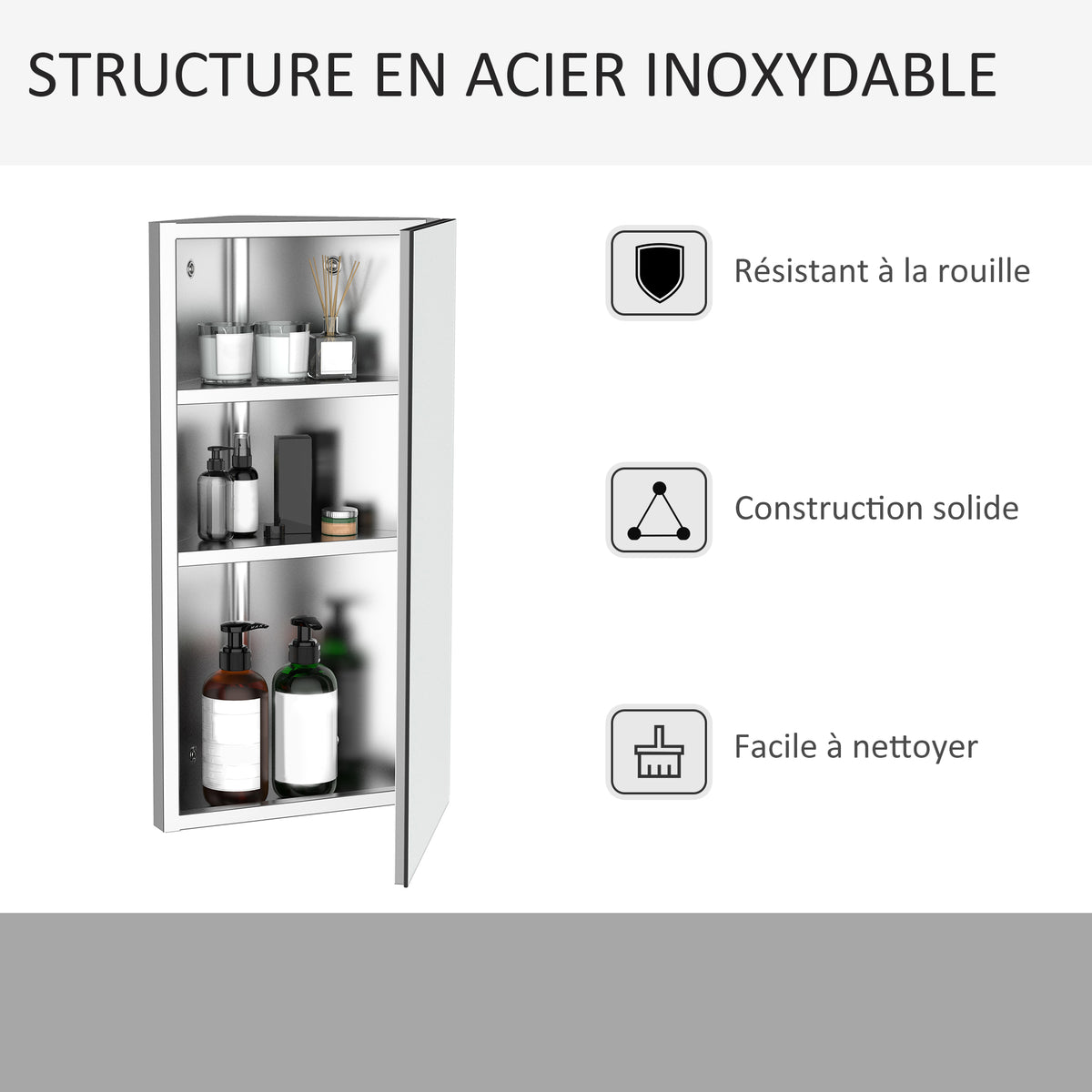 Armoire Miroir Salle de Bain Armoire de Toilette Murale Meuble d'angle 2 étagères dim. 30L x 18,4l x 60H cm Acier INOX.-5