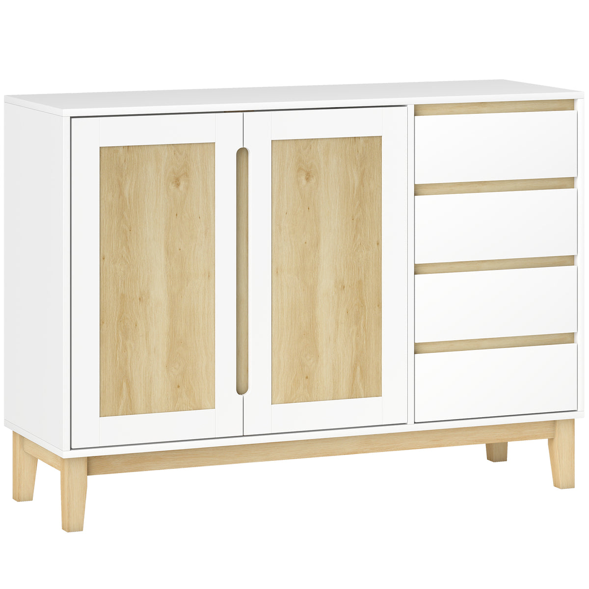 Buffet, meuble de rangement avec 2 portes et 4 tiroirs, étagère réglable, 120 x 40 x 86 cm, blanc et chêne-0