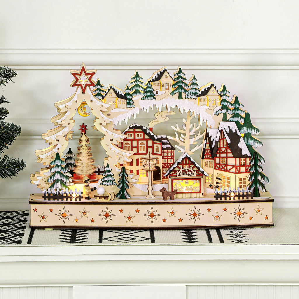 Villaggio di Natale in legno con 20 LED, paesaggio innevato, 45 × 12 × 30 cm