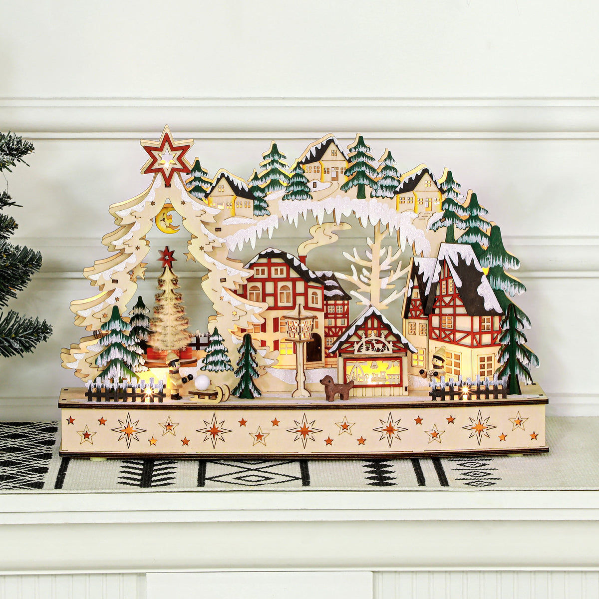Villaggio di Natale in legno con 20 LED, paesaggio innevato, 45 × 12 × 30 cm
