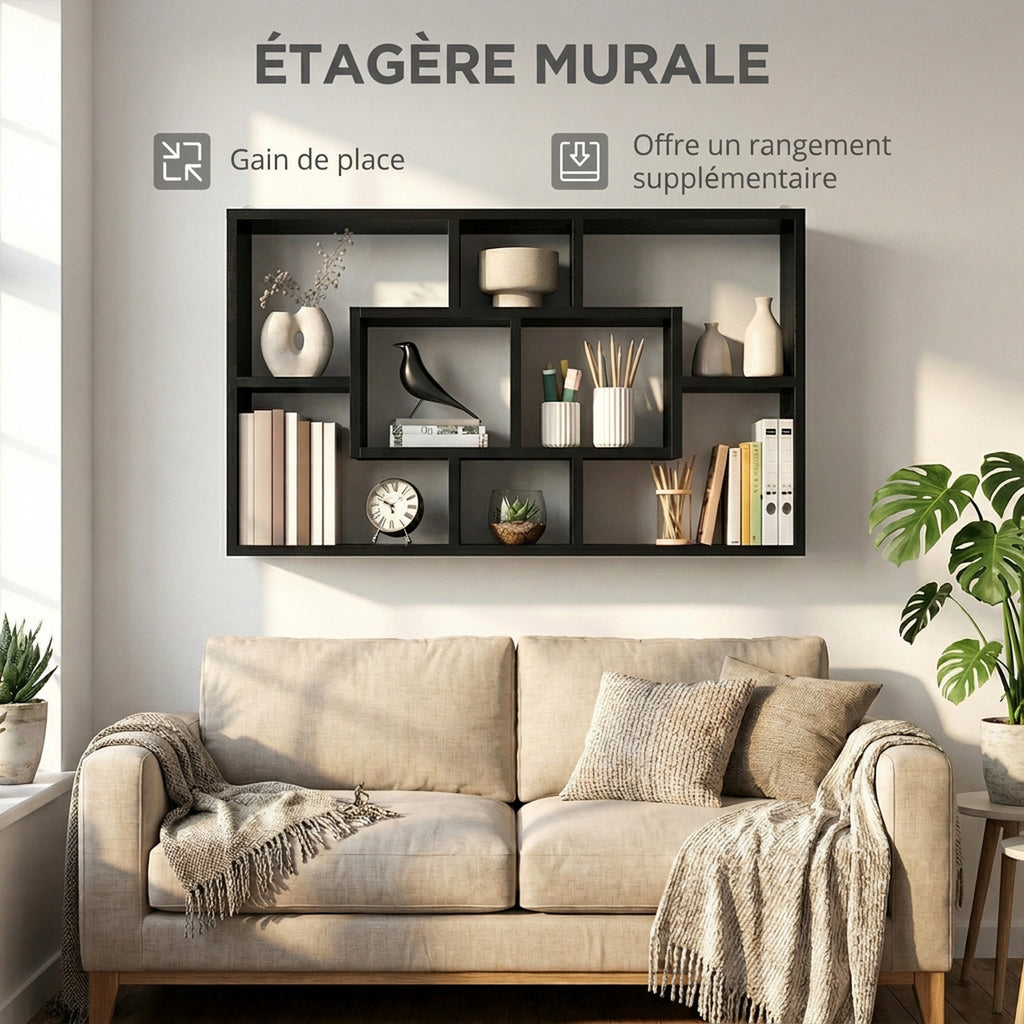 Étagère murale bibliothèque 8 cubes, meuble de rangement, design moderne, 85 x 14,5 x 47,5 cm, noir-3