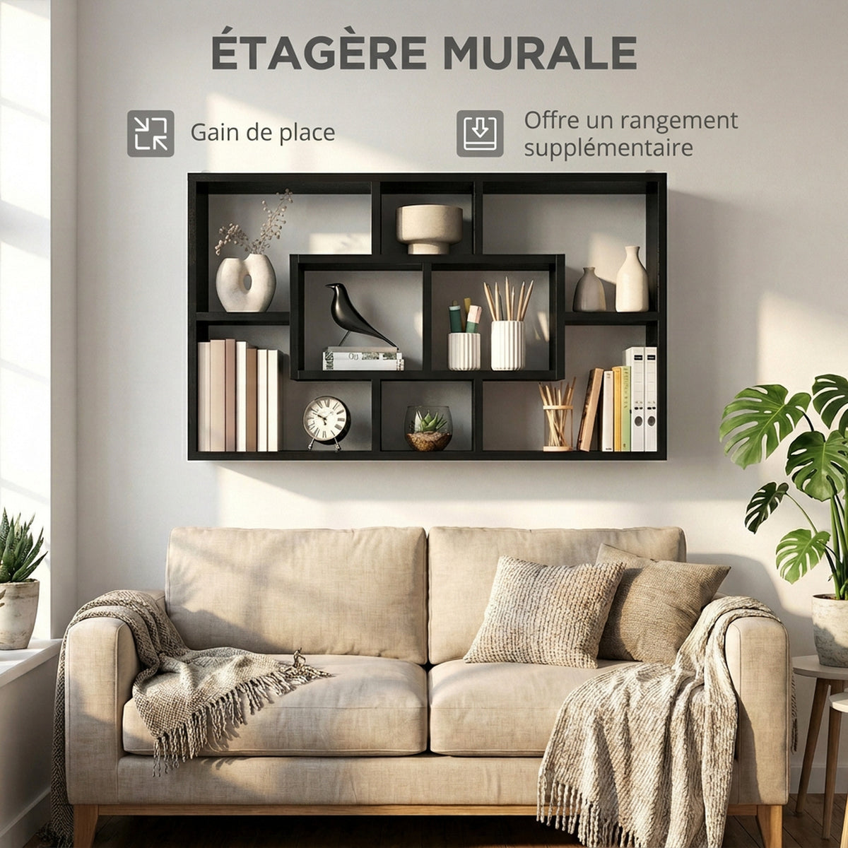 Étagère murale bibliothèque 8 cubes, meuble de rangement, design moderne, 85 x 14,5 x 47,5 cm, noir-3