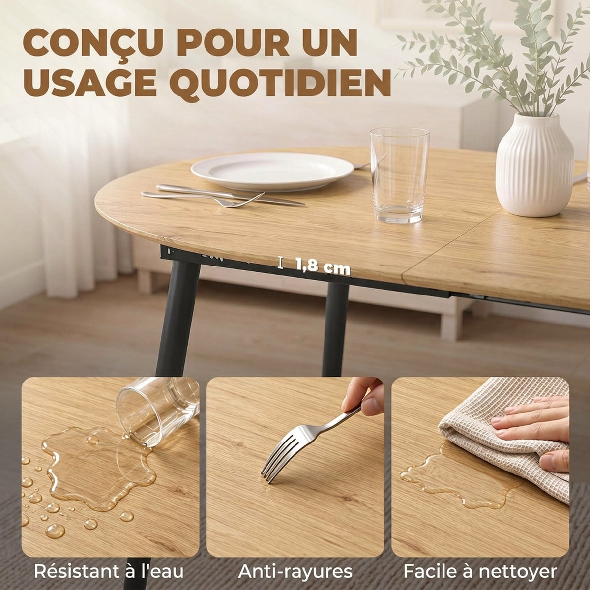 Table à manger extensible ovale pour 4 à 6 personnes, table de cuisine 120-160 cm, bords arrondis, chêne-6