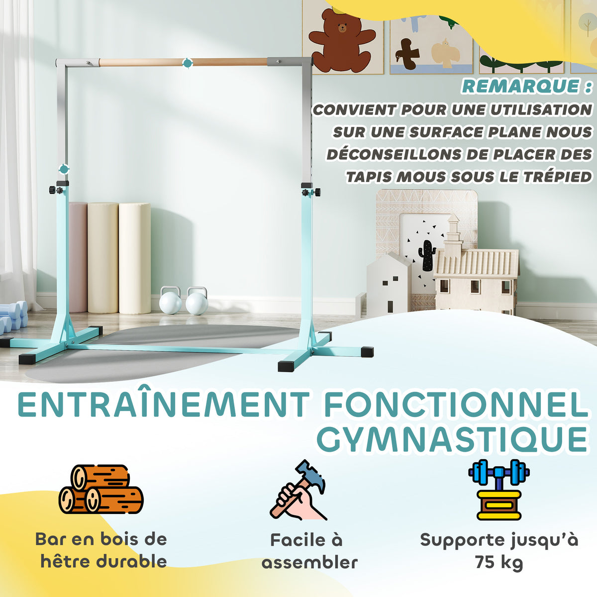 Barre fixe de gymnastique pour enfant, hauteur réglable 13 niveaux de 92-150 cm, en acier et bois en hêtre, cyan-4