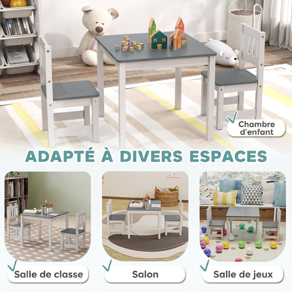 Table enfant avec chaise, lot table et 2 chaises enfant en bois pour dessiner, jouer, étudier, 56x52x48cm, gris-6