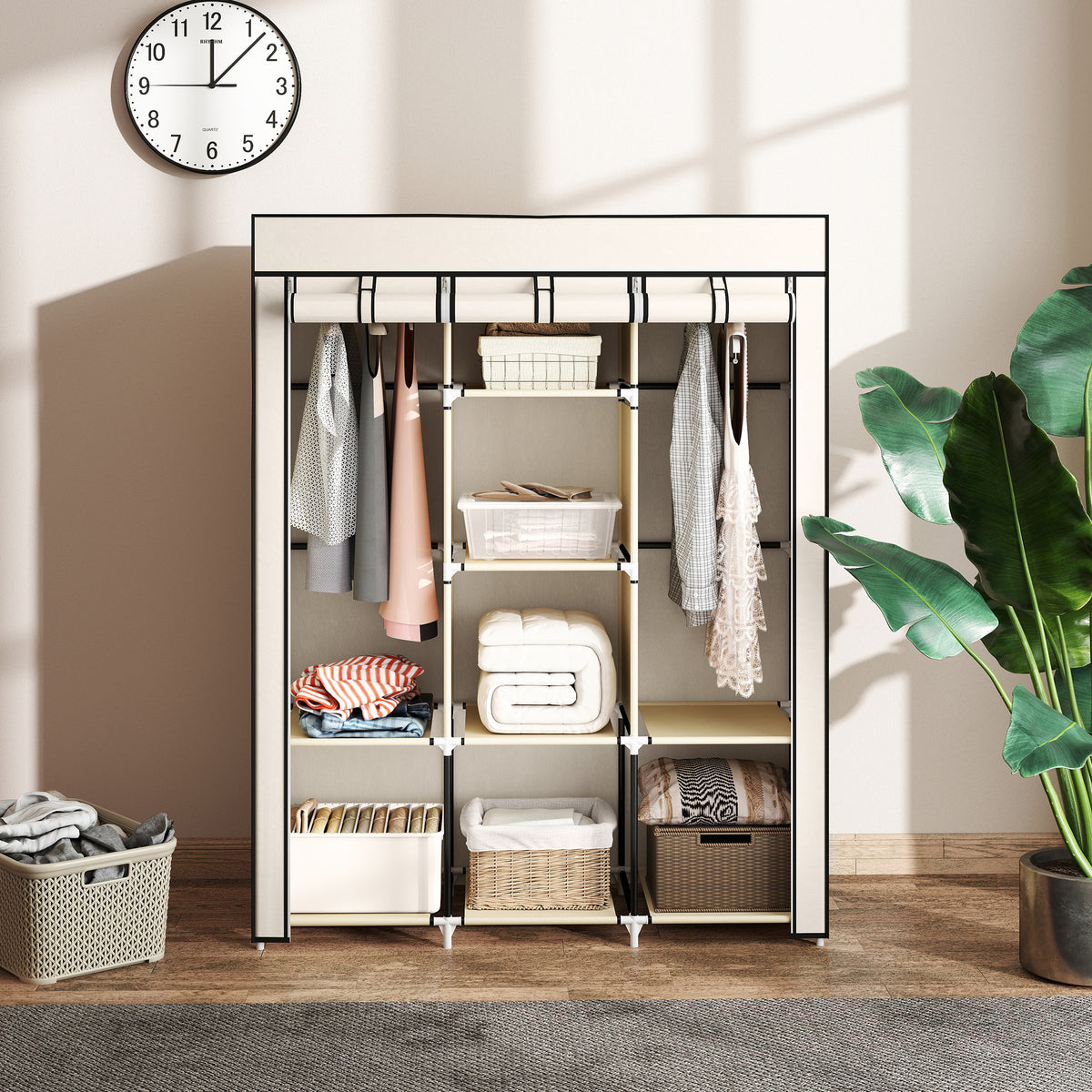 Armoire penderie multi-rangement - 8 étagères, 2 barres - non tissé crème-6