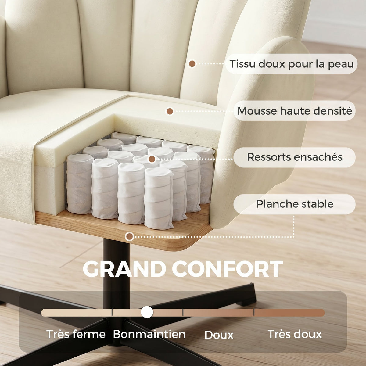 Fauteuil salon pivotant fauteuil d'appoint rembourré en velours dossier en forme de coquille coussin à ressorts beige-5