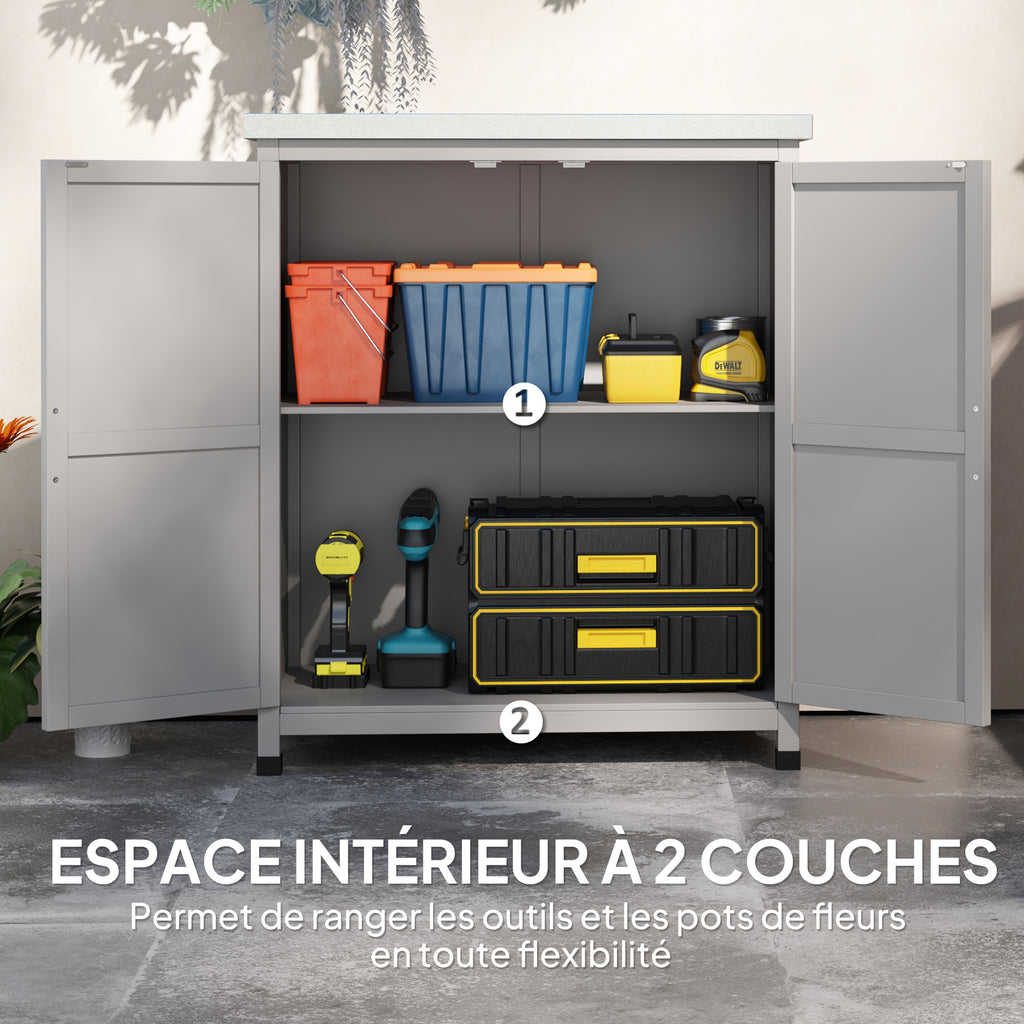 Armoire de jardin en Bois Extérieur, armoire de rangement de Jardin avec Plan de Travail acier galvanisé 79x43x92cm gris-5