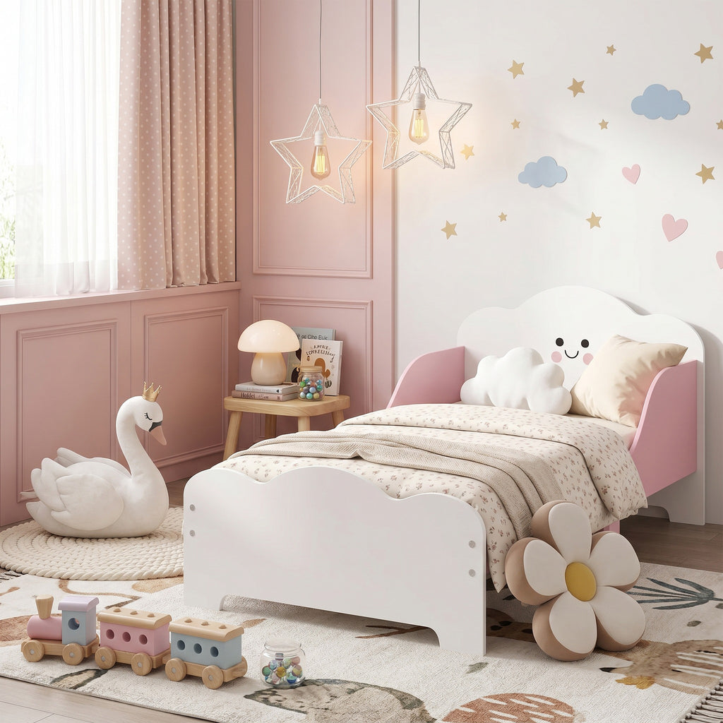 Lit enfant 70 x 140 cm, lit pour enfant avec barriere de securite et sommier à lattes en bois, rose (matelas non inclus)-8