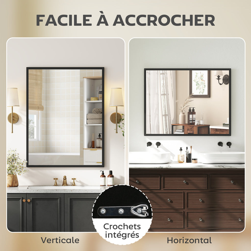 Miroir mural rectangulaire 90 x 70 cm, cadre en bois noir, idéal pour la salle de bain, salon ou chambre-4