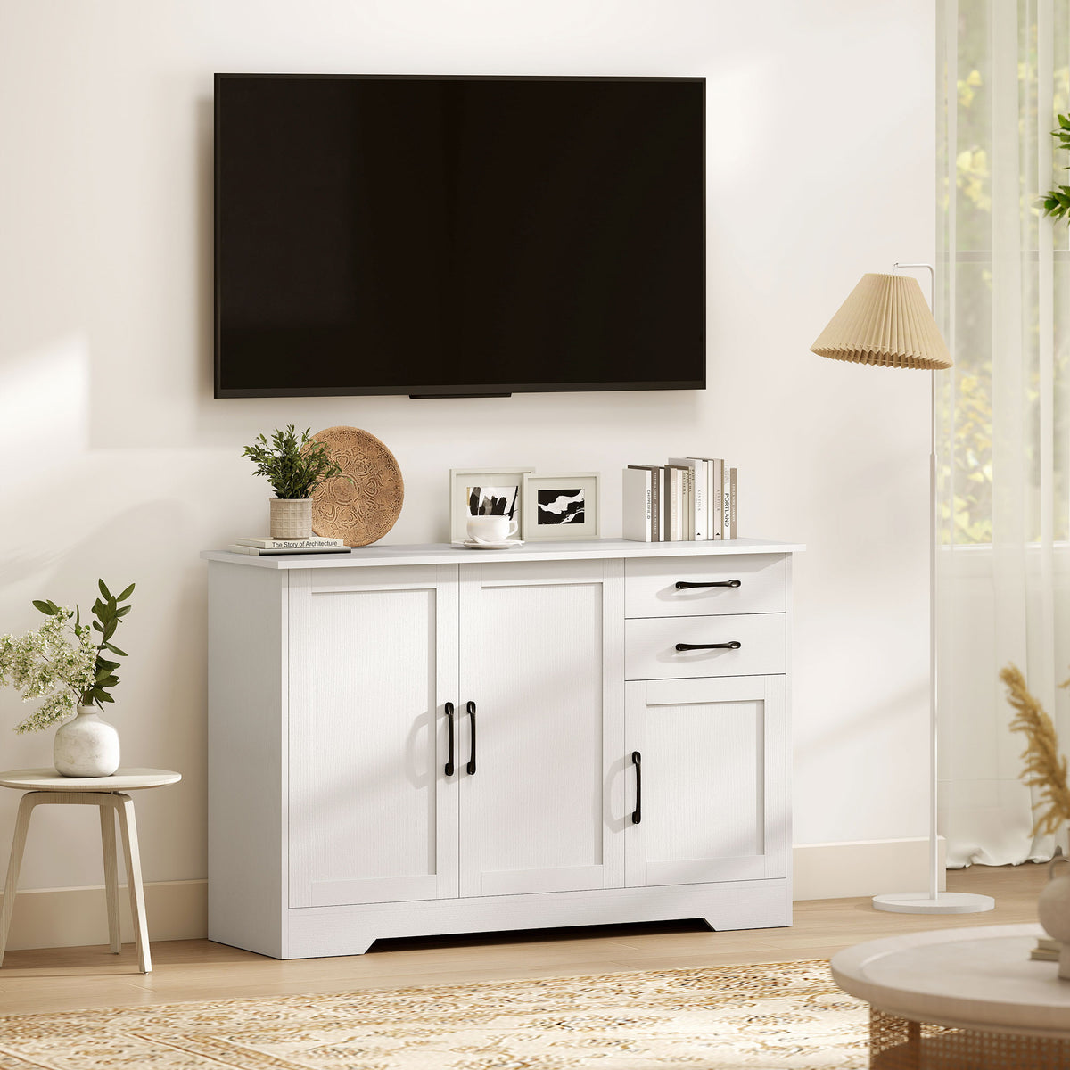 Buffet, meuble de rangement avec 3 portes, 2 tiroirs et étagère réglable, 120 x 38 x 79 cm, blanc-7