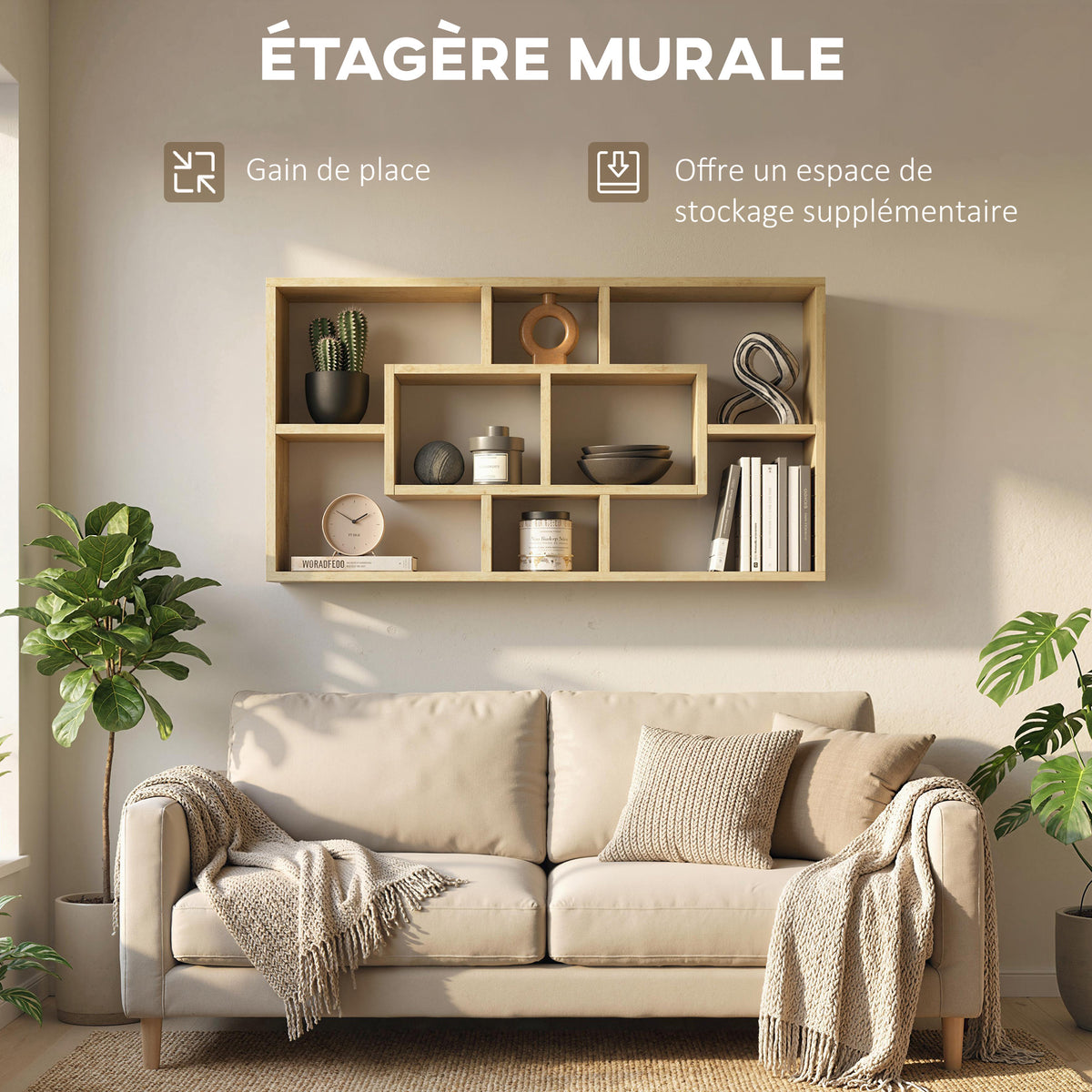 Étagère murale bibliothèque 8 cubes, meuble de rangement, design moderne, 85 x 14,5 x 47,5 cm, chêne-3