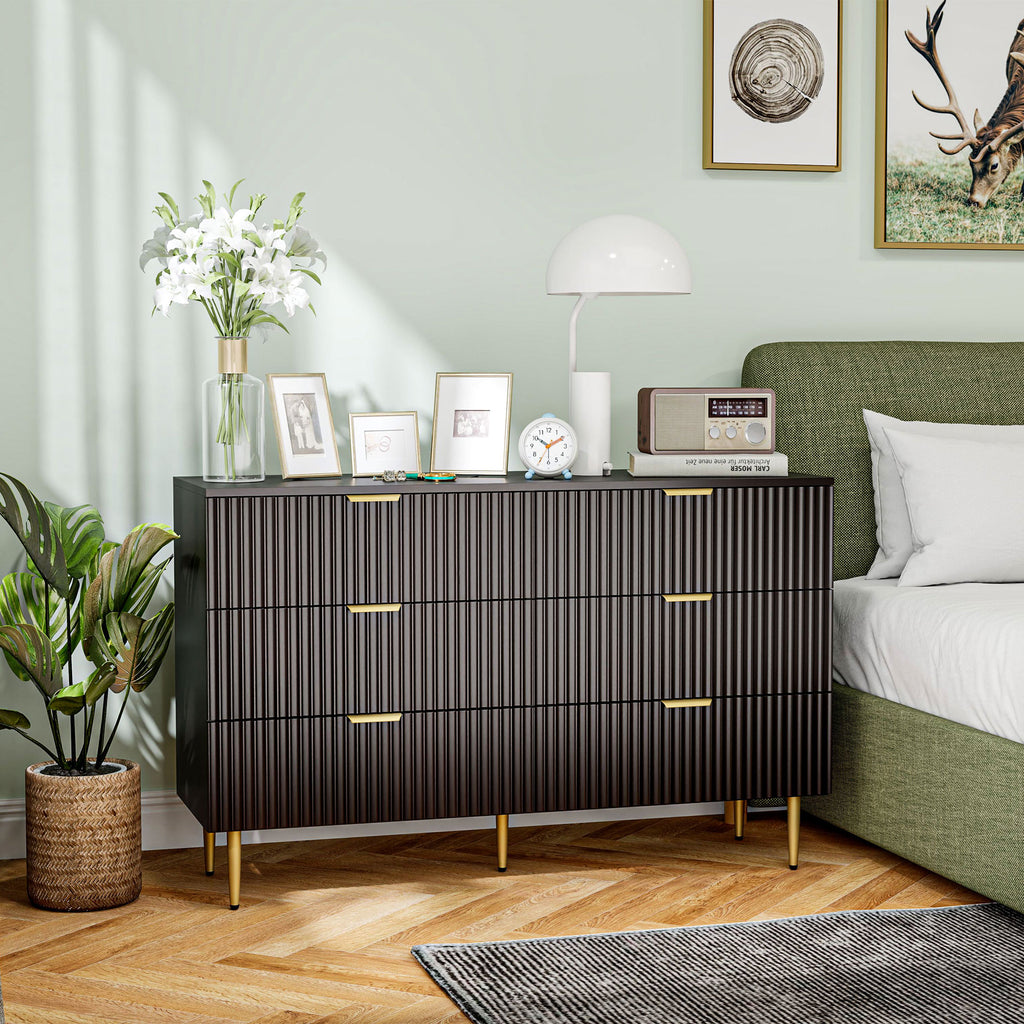 Commode 6 tiroirs commode chambre meuble de rangement moderne avec poignées et pieds dorés, 120 x 40 x 76,5 cm, noir-6