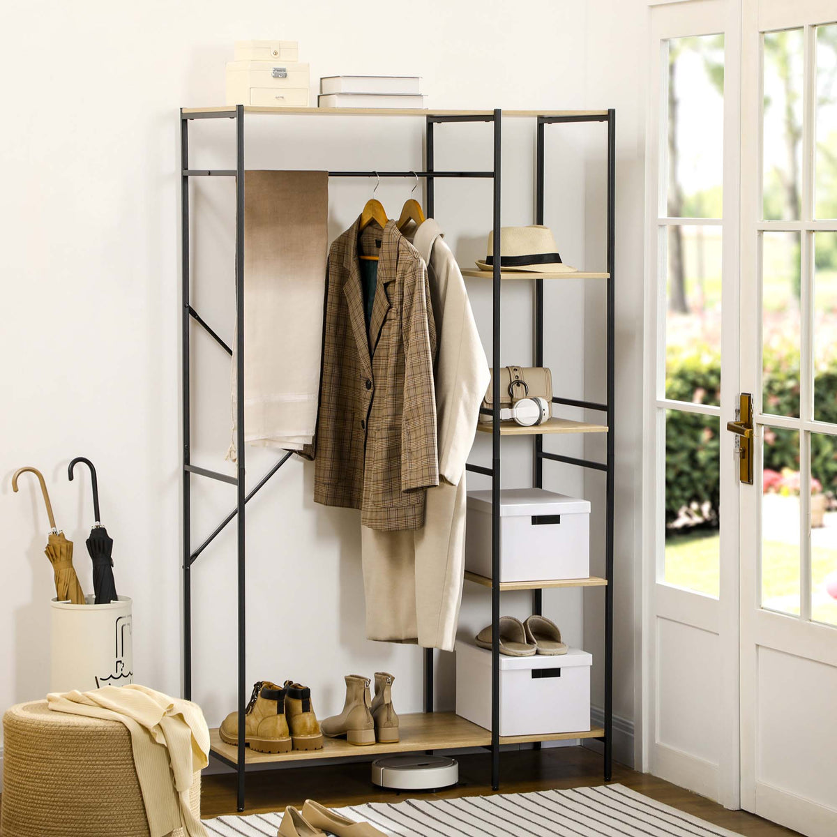 Penderie portant à vêtements style industriel en métal avec tringle et 4 étagères - dim. 100L x 46L x 170,5H cm-1