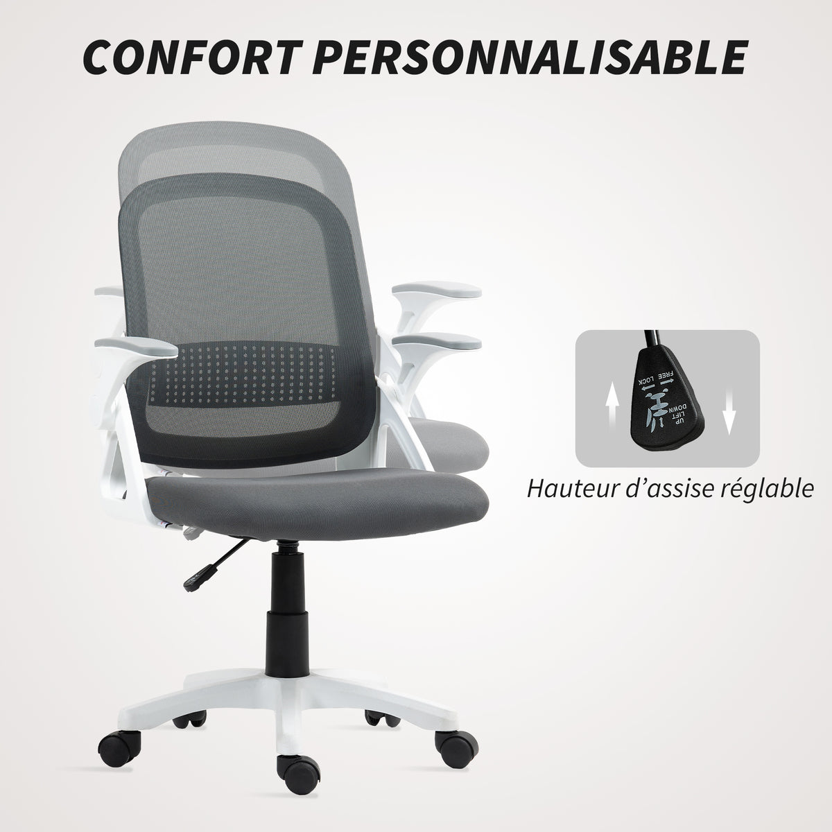 Chaise bureau ergonomique, fauteuil de bureau en maille avec accoudoirs relevables, hauteur réglable, gris-5
