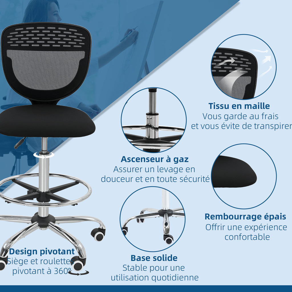 Chaise de bureau ergonomique en maille, chaise de dessin, hauteur et repose-pieds réglable, 59 x 59 x 106-126 cm, noir-7
