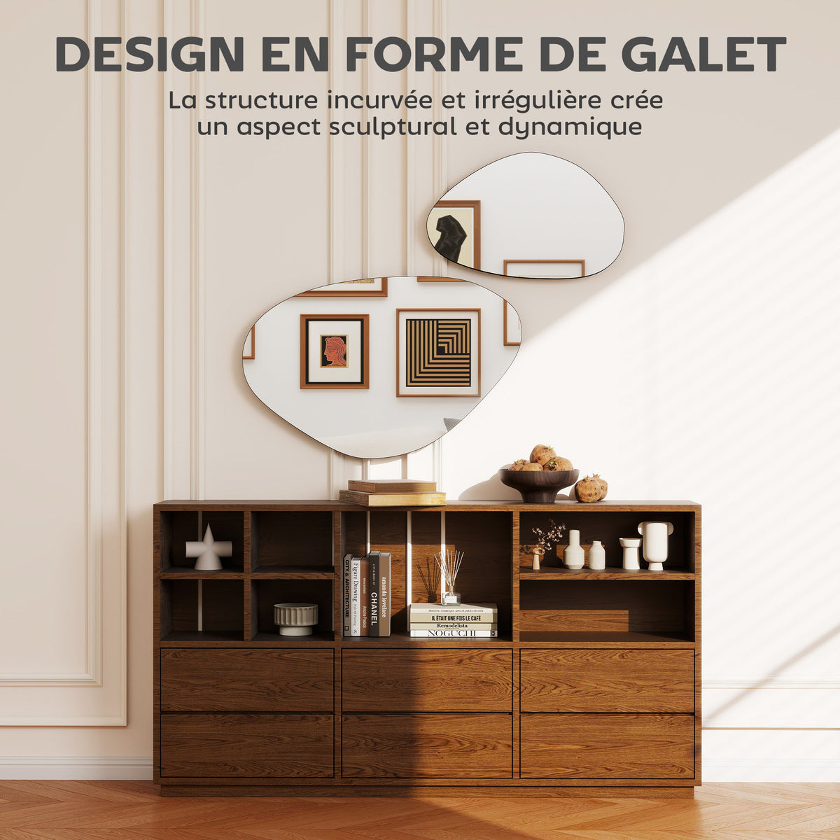 Lot de 2 miroirs muraux, miroirs décoratifs irréguliers en forme de galet, cadre en métal, 70 x 46 cm/49,5 x 31 cm, noir-3
