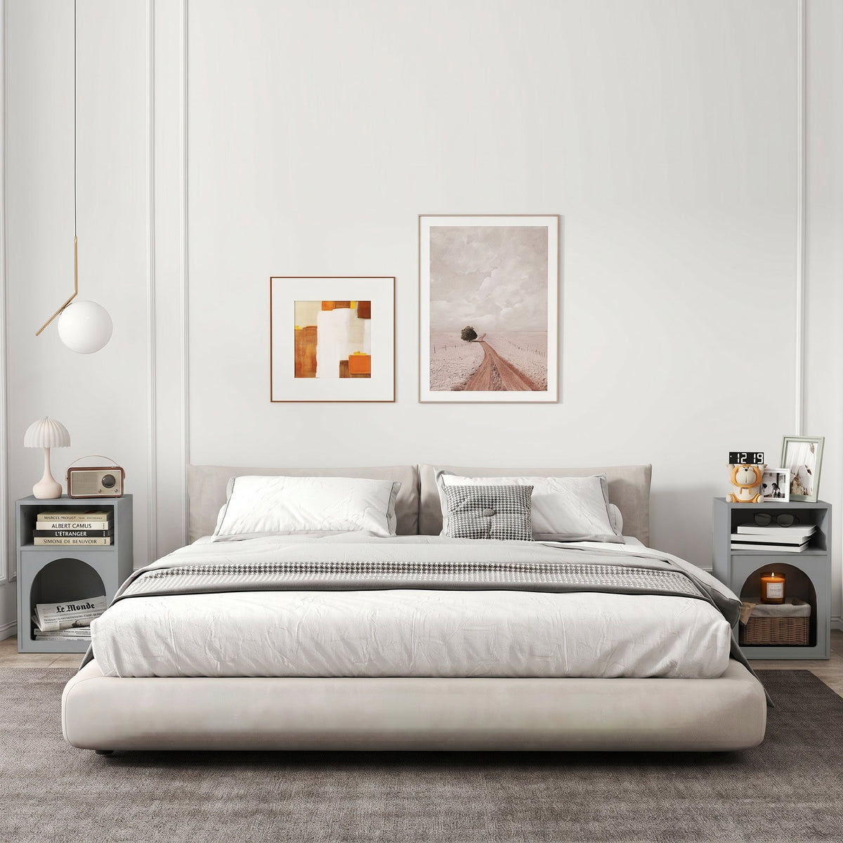 Lot de 2 tables de chevet, table de nuit avec compartiments ouverts, design arqué, 40 x 30 x 60 cm, gris-6