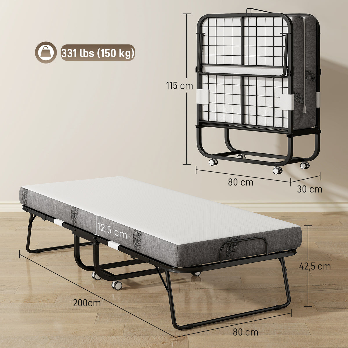 Lit pliant 1 personne 200 x 80 cm avec matelas, lit d'appoint pliable et portable sur roulettes, cadre en acier, blanc-2