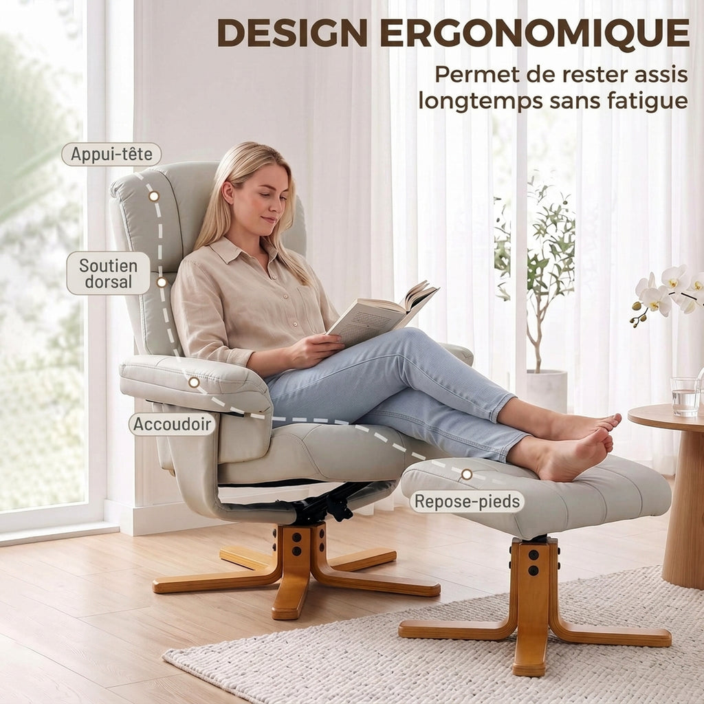 Fauteuil relax avec repose-pied, fauteuil de relaxation, dossier inclinable, assise rembourrée, 79x80x104cm, crème-4