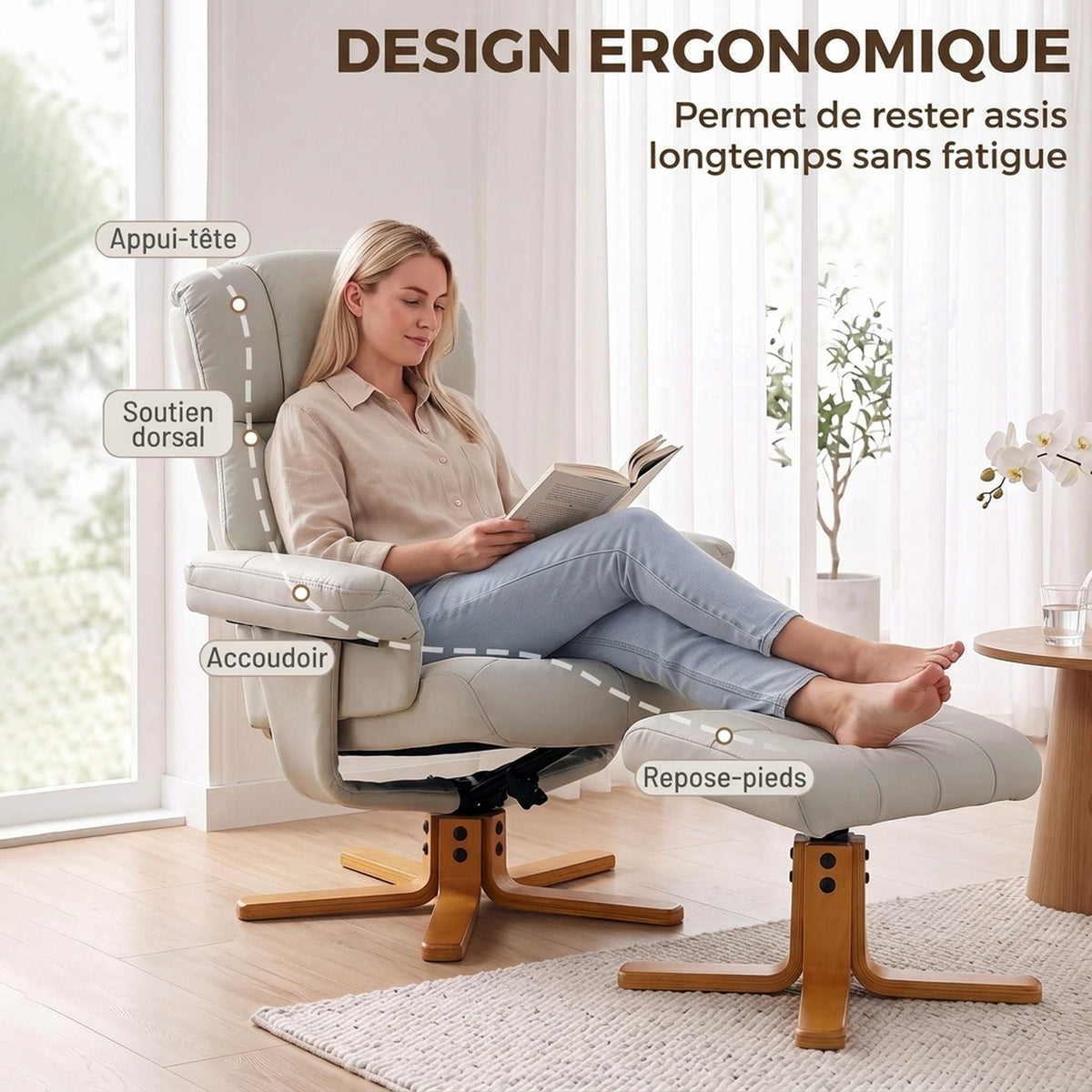Fauteuil relax avec repose-pied, fauteuil de relaxation, dossier inclinable, assise rembourrée, 79x80x104cm, crème-4