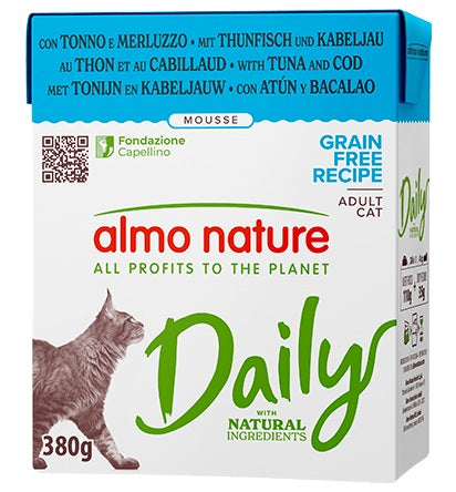 ALMO NATURE CAT DAILY MOUSSE TONNO & MERLUZZO 380 GR.