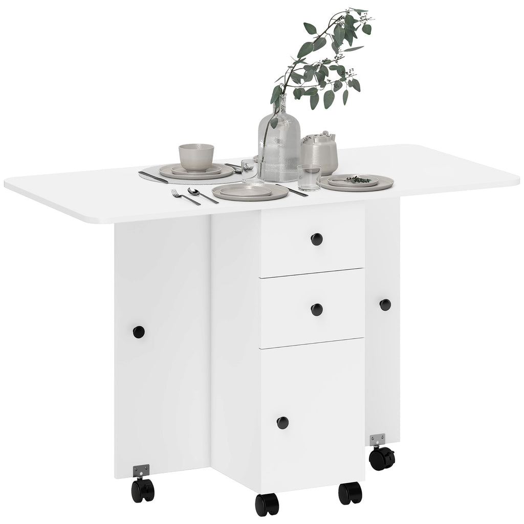 Table de cuisine pliable table à manger pliante 2 plateaux rabattables avec 2 tiroirs 1 placard blanc-0