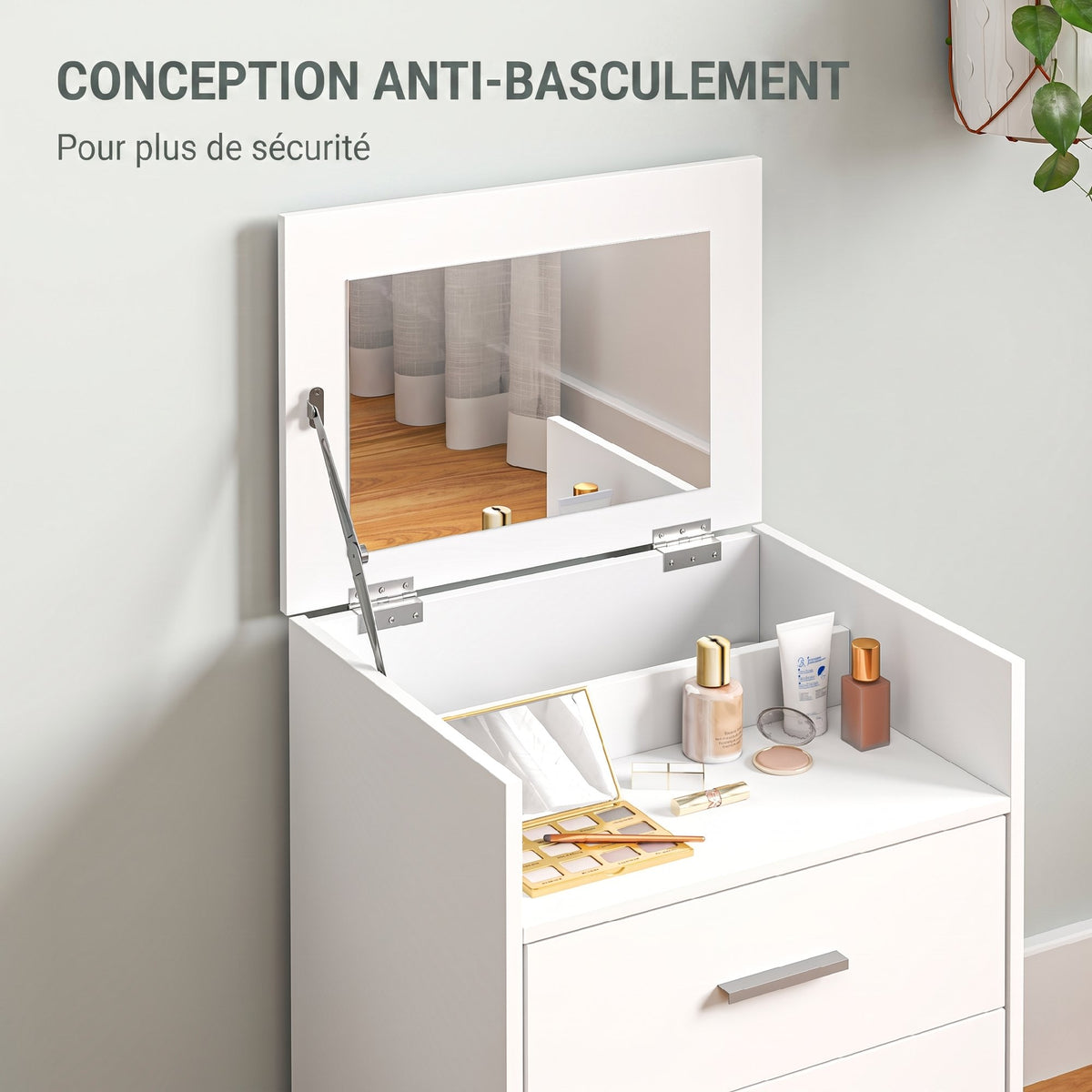 Coiffeuse avec miroir relevable et tabouret à roulettes, table de maquillage avec 2 tiroirs, coussin amovible, blanc-6