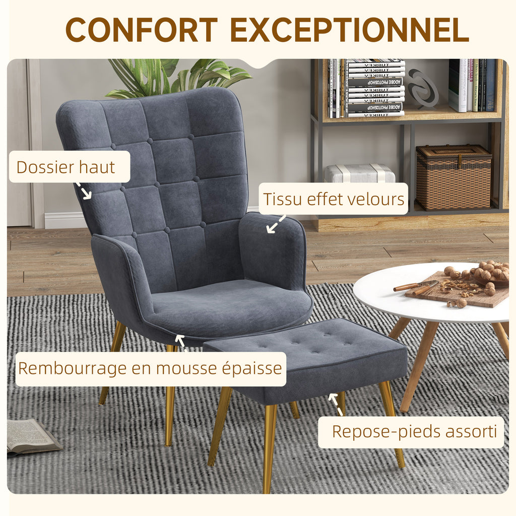 Fauteuil avec repose-pied, fauteuil salon capitonné avec dossier haut, pieds en acier doré et tissu velours, gris foncé-3