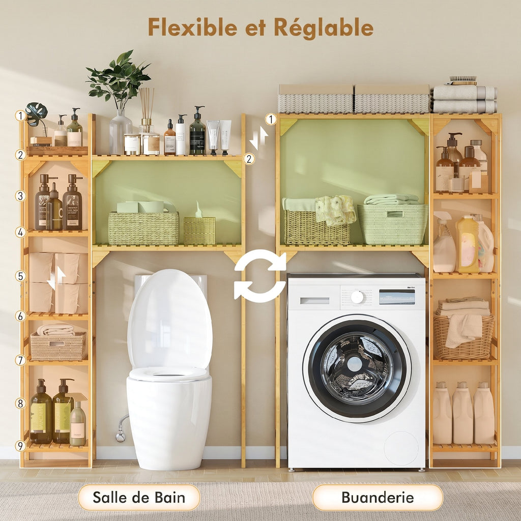 Étagère au-dessus de Machine à Laver en Bambou, Meuble de Salle de Bain Moderne avec Étagères Réversibles, Bois Naturel-4
