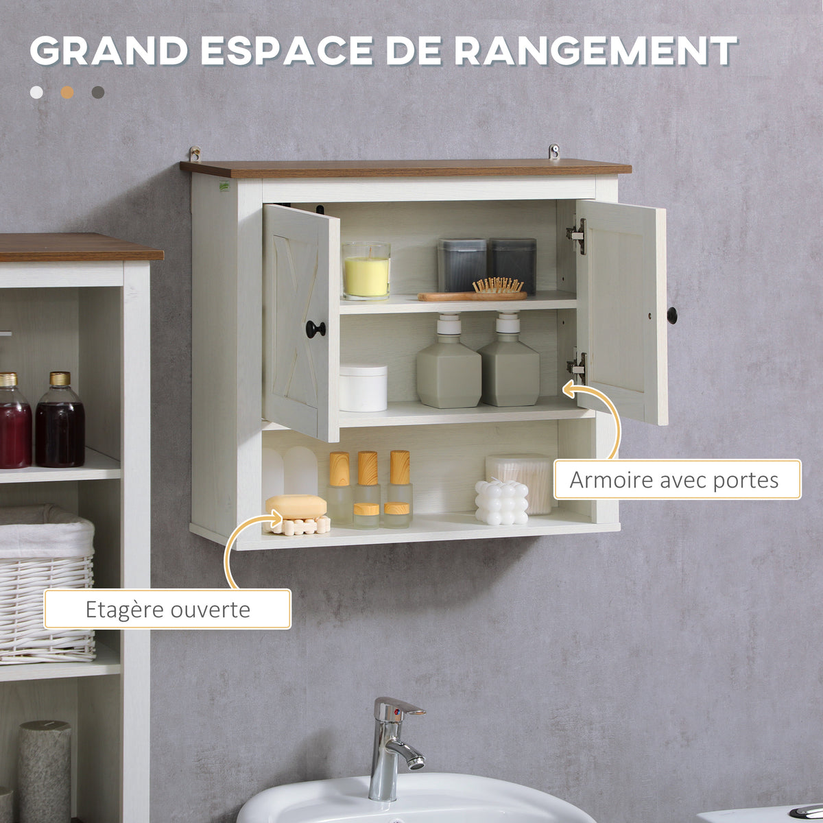 Armoire murale, armoire salle de bain avec placard à portess et compartiment ouvert, dim. 60 x 19,5 x 52,5 cm, blanc-3