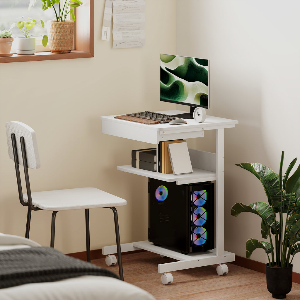 Bureau d'ordinateur sur roues, bureau avec rangement 56 x 51 cm avec tiroir, compartiment et support CPU, blanc-5