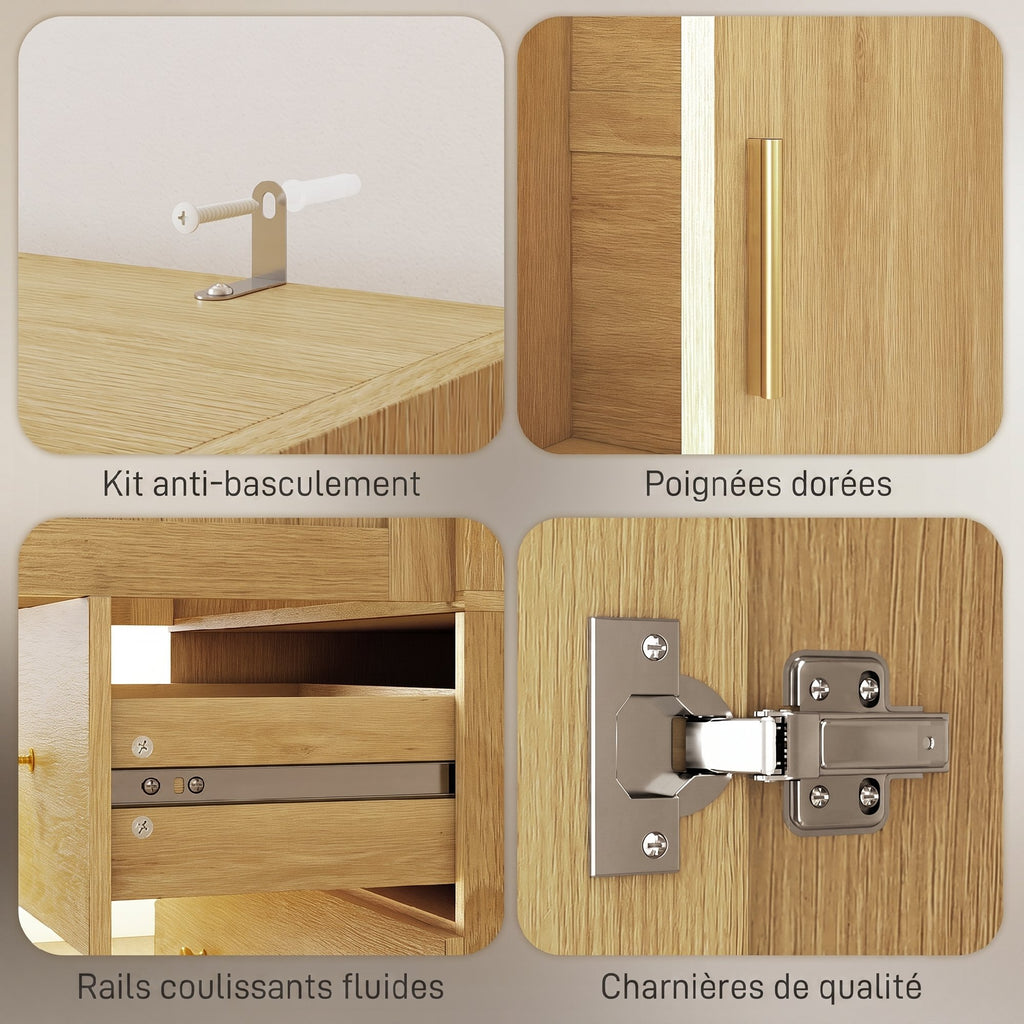 Armoire chambre penderie avec miroir, 2 portes, 2 tiroirs et barre de suspension, 80 x 50 x 180 cm, chêne-6