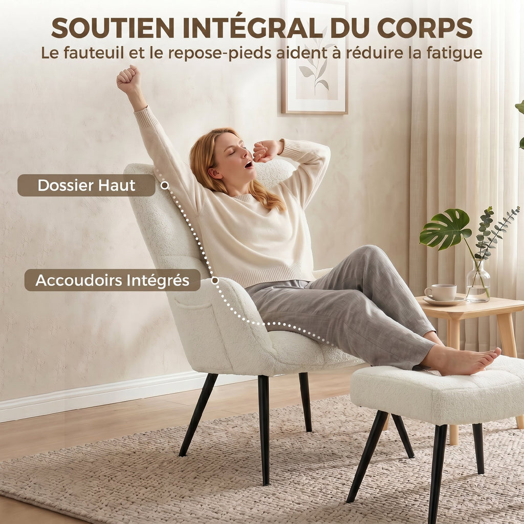 Fauteuil de Salon avec Repose-Pied, Fauteuil d'Appoint Capitonné en Peluche Teddy, Dossier Haut, Poches Latérales, Beige-3