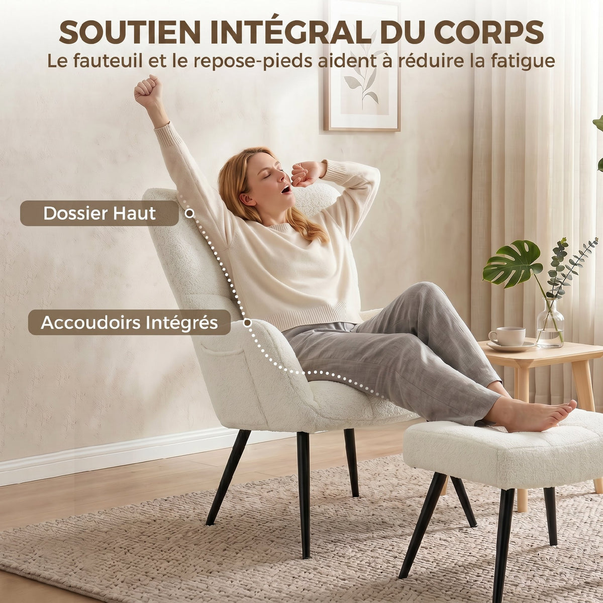 Fauteuil de Salon avec Repose-Pied, Fauteuil d'Appoint Capitonné en Peluche Teddy, Dossier Haut, Poches Latérales, Beige-3