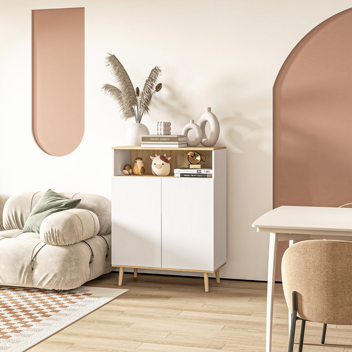 Meuble de rangement buffet sur pied scandinave placard 2 portes avec étagère intérieure blanc et aspect bois-7