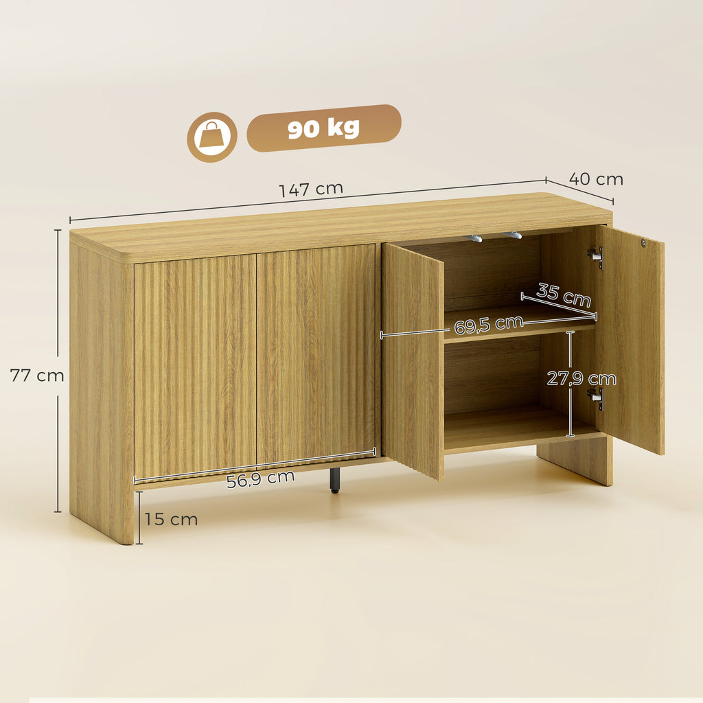 Buffet salon, meuble de rangement avec 4 portes rainurées, étagère réglable, ouverture par pression, 147x40x77cm, chêne-2