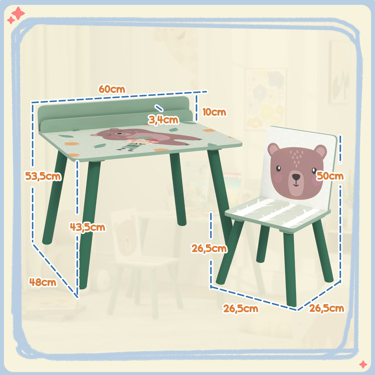 Table Enfant avec Chaise, Ensemble Table et Chaise en Bois pour Dessiner, Jouer, Étudier, Cadeau pour 3-8 Ans, Vert-2