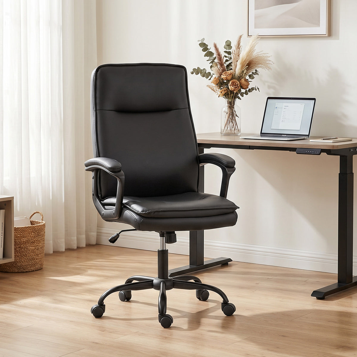 Chaise bureau ergonomique, fauteuil de bureau en PU, hauteur réglable, fonction bascule, pivotante 360°, noir-1