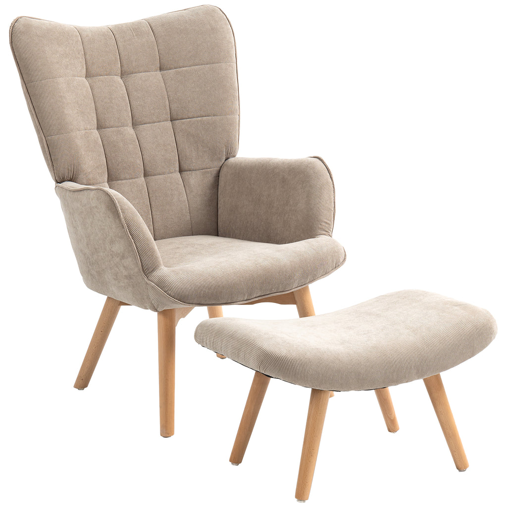 Fauteuil de Salon avec Repose-Pied, Fauteuil d'Appoint Capitonné en Velours Côtelé, Dossier Haut et Accoudoirs, Marron-0