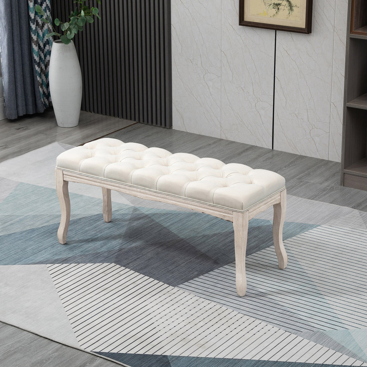 Banc Banquette capitonnée Style Classique 110 cm Bout de lit Rembourrée en lin piètement Bois hévéa sculpté Beige-1