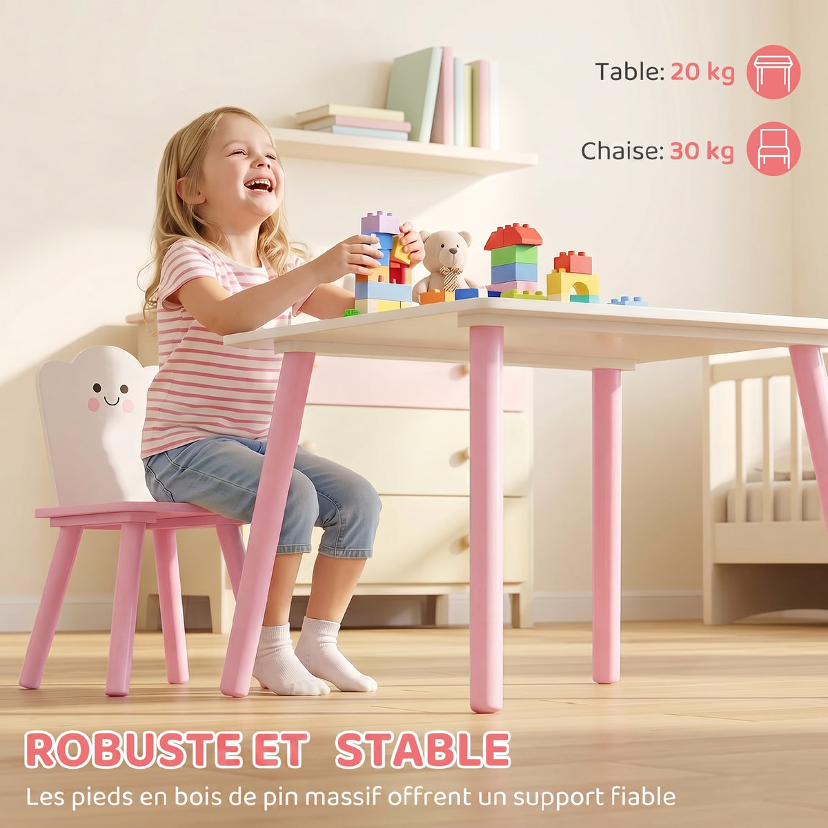 Table enfant avec chaise, ensemble table et 2 chaises en bois pour dessiner, jouer, étudier, rose-6