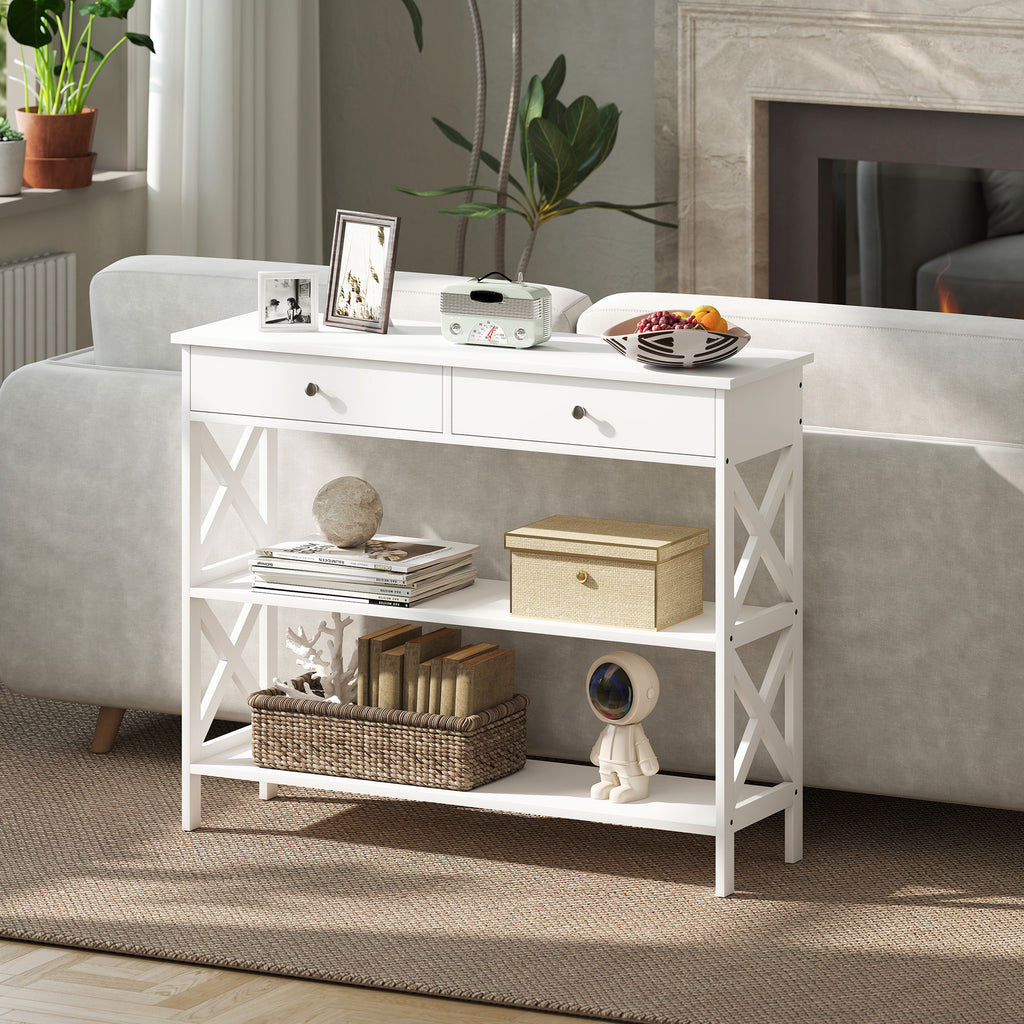 Table de console table d'entrée style table de drapier néo-rétro 2 tiroirs 2 étagères dim. 100L x 30,5l x 80H cm en bois blanc-6