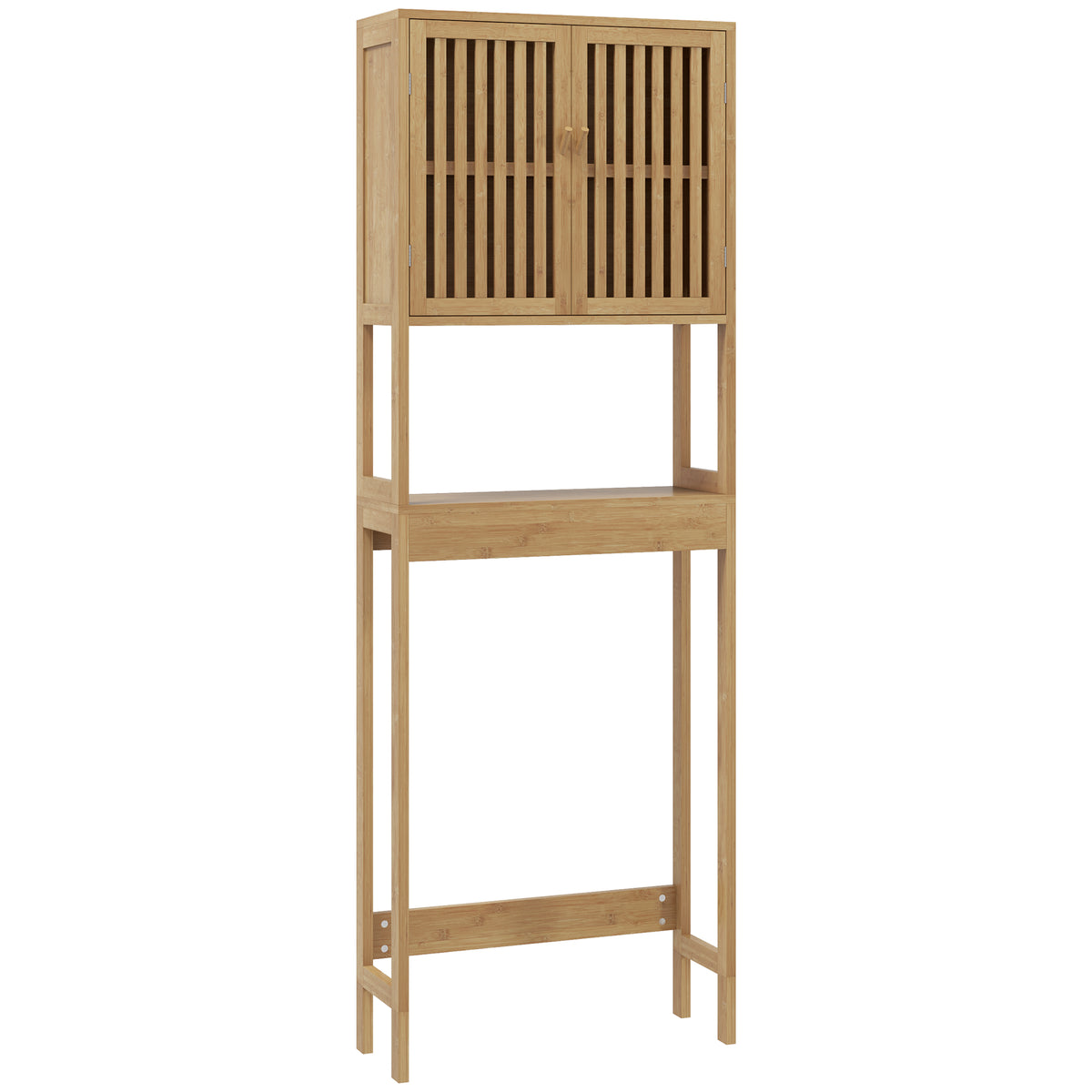 Étagère de toilettes meuble de salle de bain dessus toilette WC avec placard 2 portes et étagère ouverte bambou-0