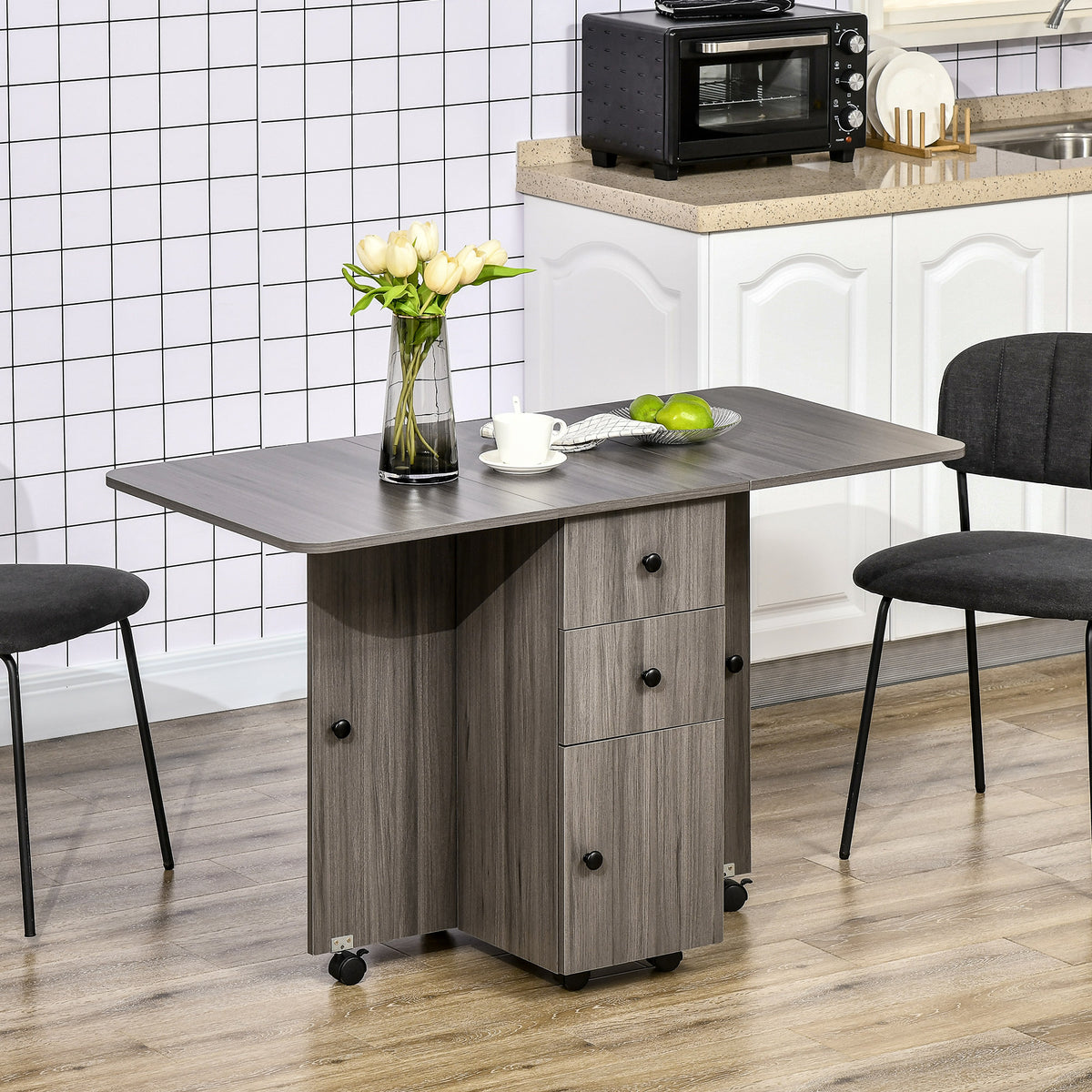 Table de cuisine pliable table à manger pliante 2 plateaux rabattables avec 2 tiroirs 1 placard gris-9